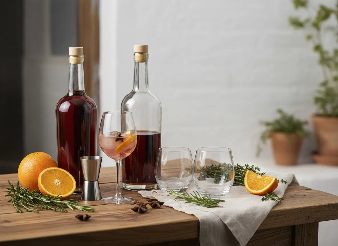 Two bottles of red wine, a glass, and oranges on a wooden table with a blurred background.