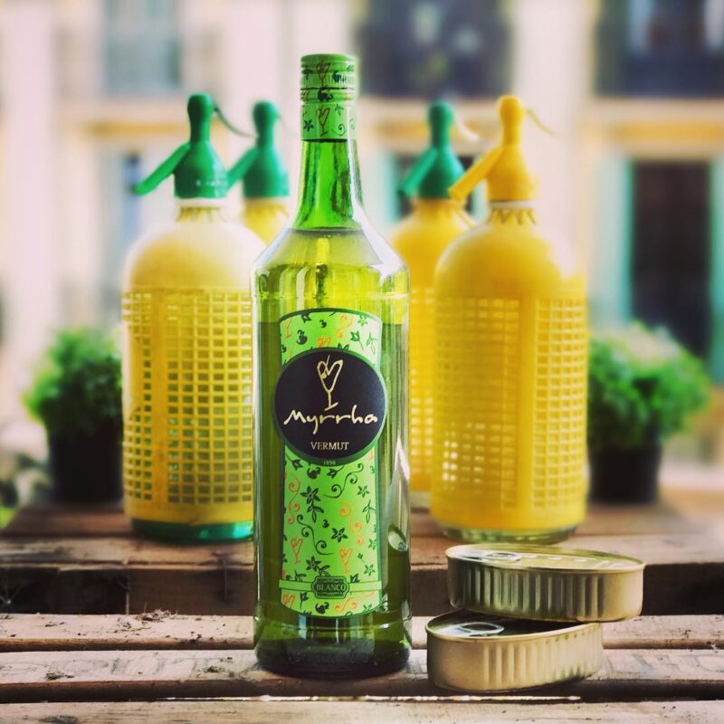 Myrrha Blanco vermouth bottle in apertitivo setup