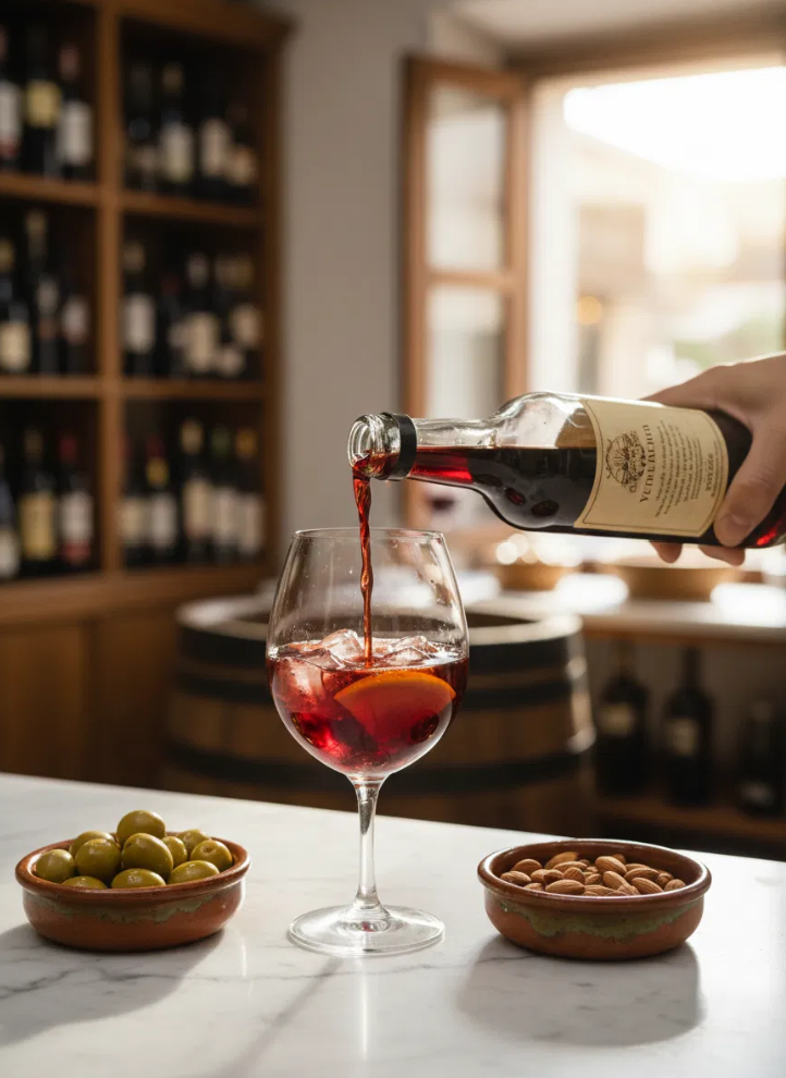 Person pouring red wine into a glass with olives and nuts on a marble surface.