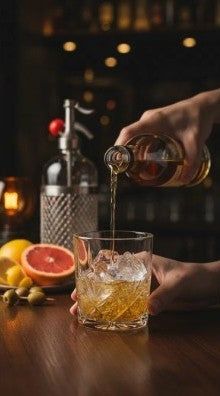 Person pouring a drink into a glass with ice on a bar counter, with bottles and lemons in the background.