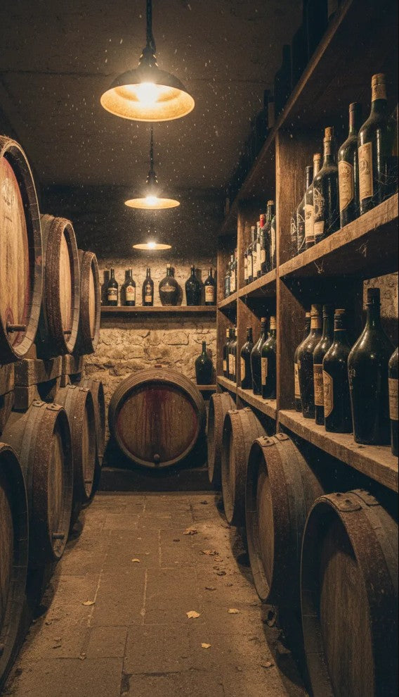 Wine cellar with wooden barrels and bottles on shelves.