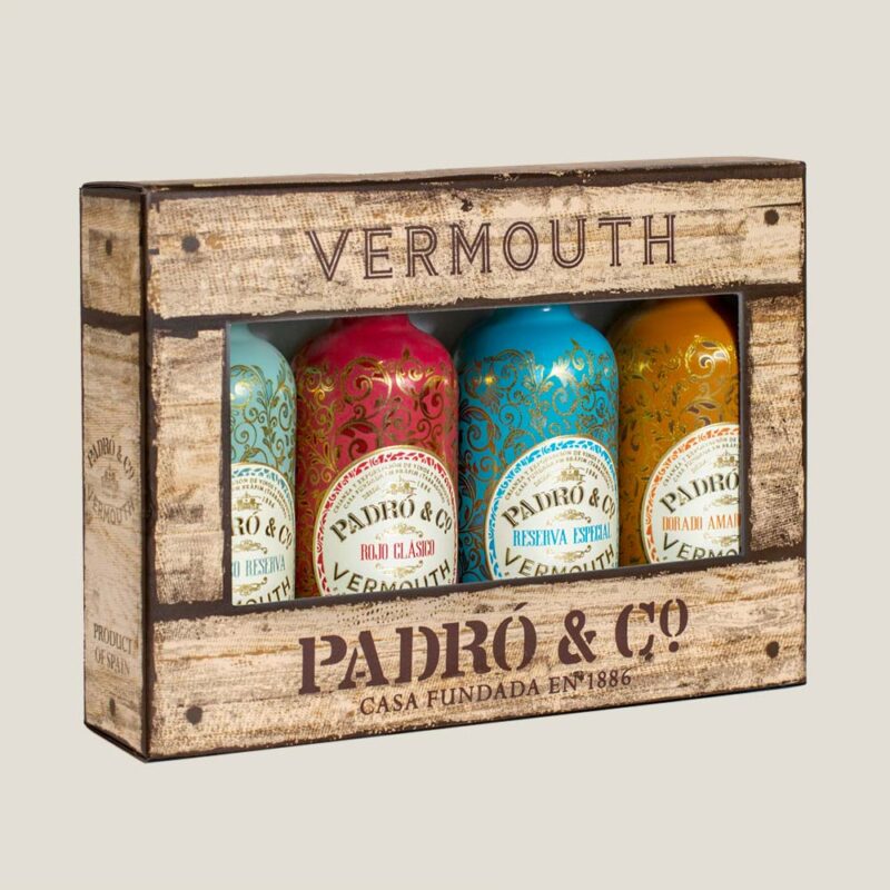 Padró & Co. 4 mini vermouth gift case open showing all bottles 